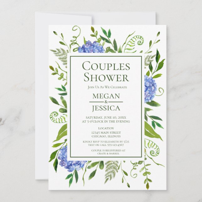 Invitation Fête de couples floraux hydrangeas bleus LGBTQ (Devant)
