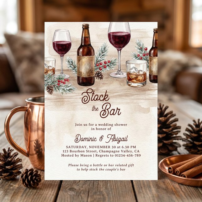 Invitation Fête de couples Rustique 'Stockez le Bar' pour l'h (Rustic stock the bar couples shower invitation with wine beer and winter greenery by Darling & May)
