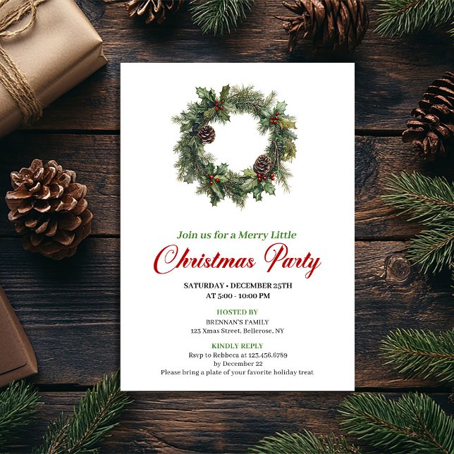 Invitation Fête de couronne de Noël aquarelle minimaliste (Minimalist Watercolor Christmas Wreath Party)