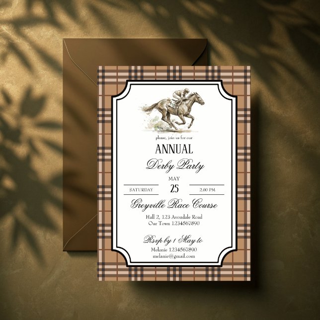 Invitation Fête de courses de chevaux de Derby élégant gingha (Derby horse racing party elegant brown gingham invitation cards template equestrian party invites)