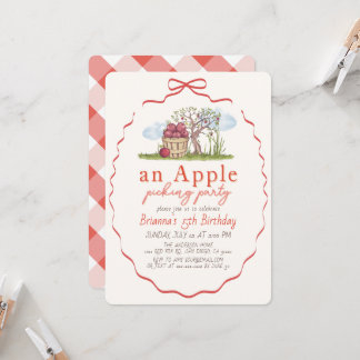 Invitation Fête de Cueillette de Pommes Fille au Ruban Rouge