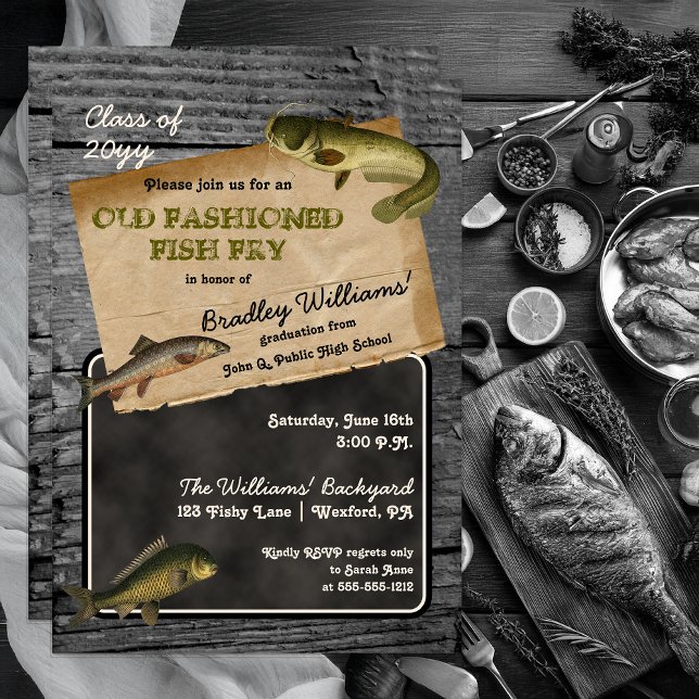 Invitation Fête de cuisine Jardin de graisse de poisson rusti (Rustic Fish Fry Graduation Backyard Cookout Party Invitation -- Print | Digital Download)