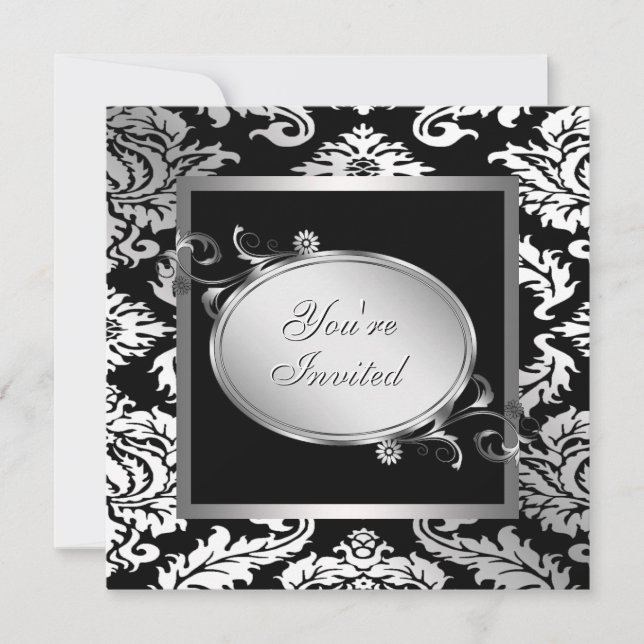 Invitation Fête de damas noir blanc argenté (Devant)