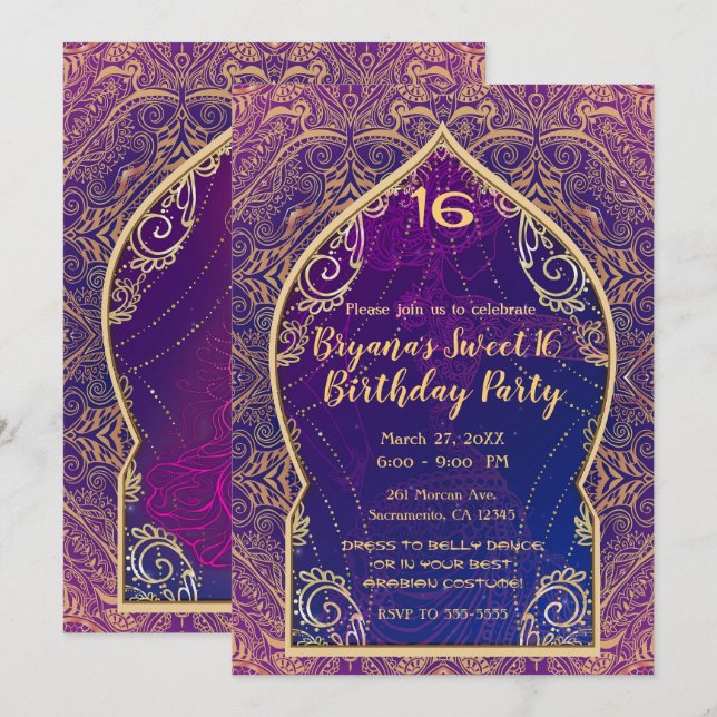 Invitation Fête de danse du ventre marocaine arabe Violet & O (Devant / Derrière)