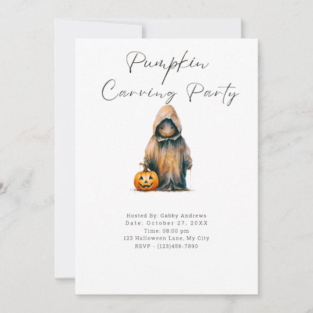 Invitation Fête de découpage de citrouille avec un spectre en (Devant)