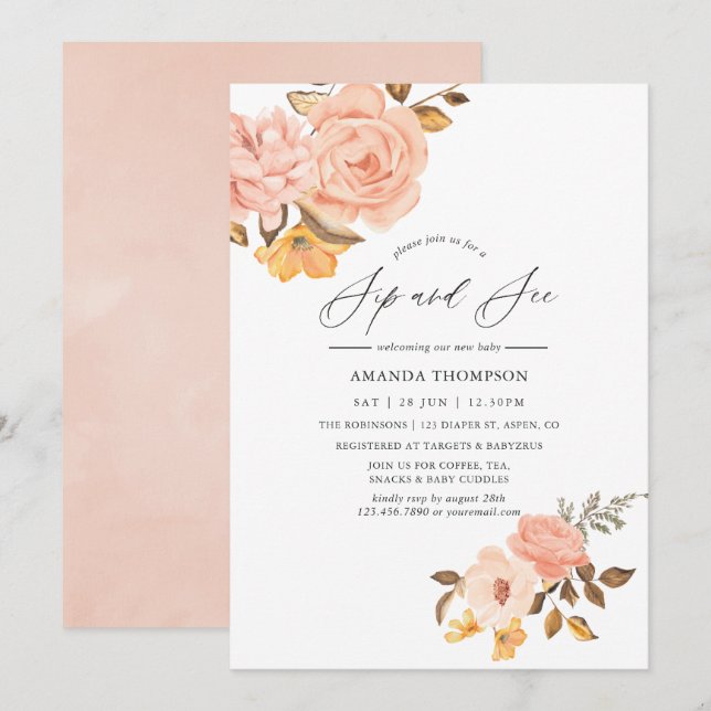 Invitation Fête de découverte rose poudré et floral doré Sip  (Devant / Derrière)