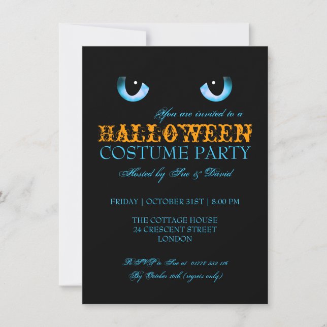 Invitation Fête de déguisement Halloween Chat Noir Bleu (Devant)