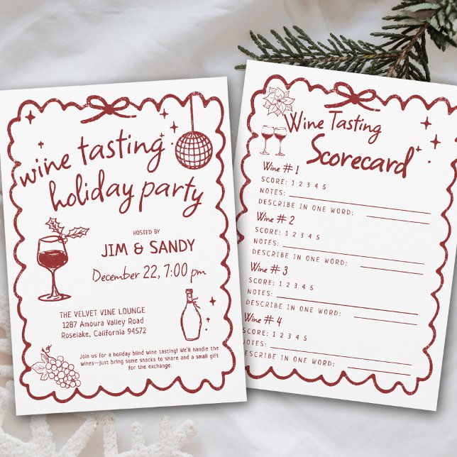 Invitation Fête de dégustation de vin de vacances dessinée à  (wine tasting holiday party drinks hand drawn winery game charcuterie friendsmas blind santa)