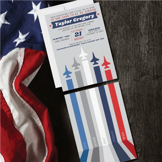 Invitation Fête de départ formation militaire de base dans l' (Going Away, Farewell Party Invitation, Air Force Jet Plane, front & back, stripes, aim high, fly win)