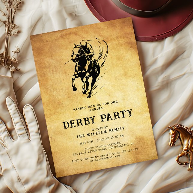 Invitation Fête de derby de cheval de course en papier ancien (Créateur téléchargé)