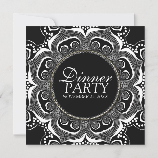 Invitation Fête de dîner de fleurs tribales noir et blanc per (Devant)