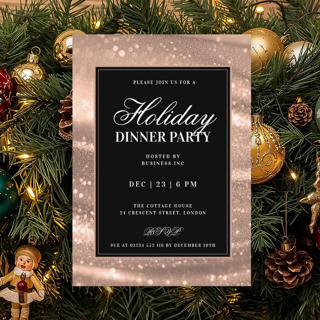 Invitation Fête de dîner de vacances à paillettes d'or noir e (Black & Rose Gold Sequins Holiday Dinner Party Invitation)