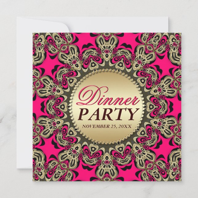 Invitation Fête de dîner décorative exotique or rose chaud (Devant)