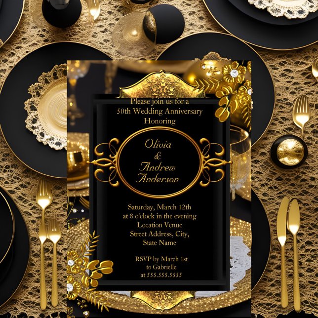 Invitation Fête de dîner en or diamant noir pour le 50e anniv (Créateur téléchargé)