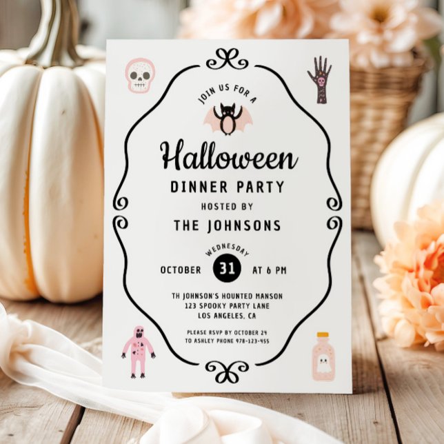 Invitation Fête de dîner Halloween Coquette Mignonne (Cute Coquette Halloween Dinner Party Invitation)