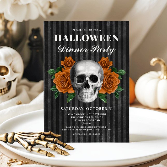 Invitation Fête de dîner Halloween Roses gothiques et crâne (Gothic Roses & Skull Halloween Dinner Party Invitation)