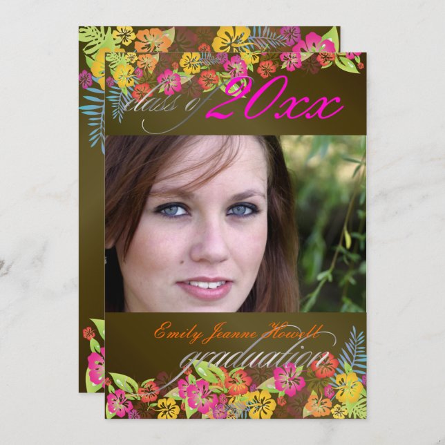 INVITATION FÊTE DE DIPLÔME LUAU/HIBISCUS/RAINBOW (Devant / Derrière)