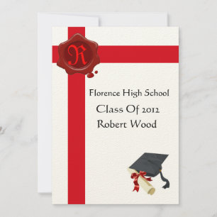 Invitation FÊTE DE DIPLÔME, Monogramme de cire rouge blanche,
