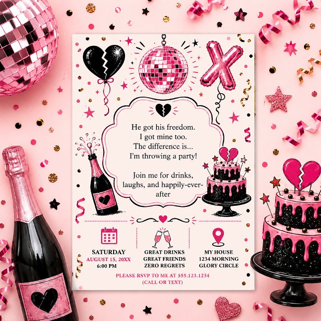 Invitation Fête de divorce rose et noir | (Créateur téléchargé)