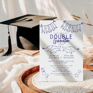 Invitation Fête de double diplôme bleu tendance doodle
