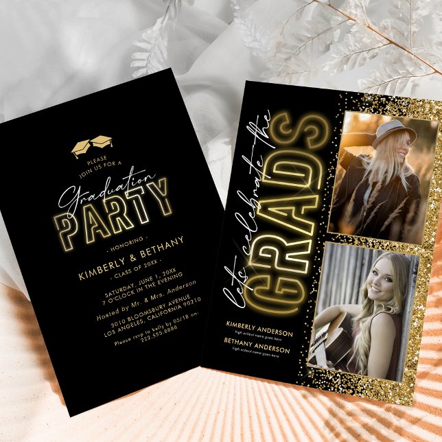 Invitation Fête de double diplôme Or Noir Moderne (Créateur téléchargé)