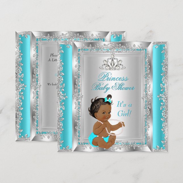 Invitation Fête de douche de bébé princesse Teal Argent Ethni (Devant / Derrière)