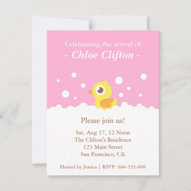 Invitation Fête de douche de bébé rose avec un canard mignon  (Devant)