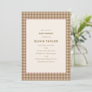Invitation Fête de douche de bébé rose gingham terreux beige