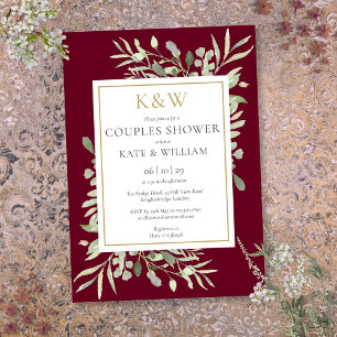 Invitation Fête de douche de couple Burgundy Monogramme Or Ve
