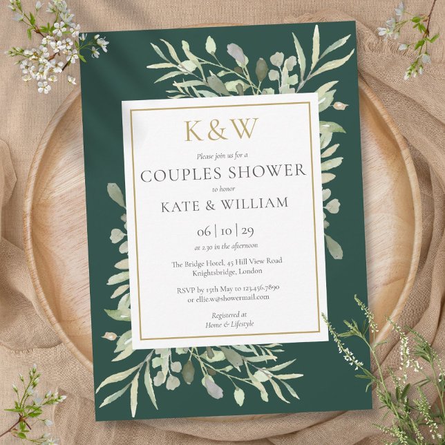 Invitation Fête de douche de couple Monogramme d'or et verdur (Gold Monogram Greenery Emerald Couples Shower Invitation)