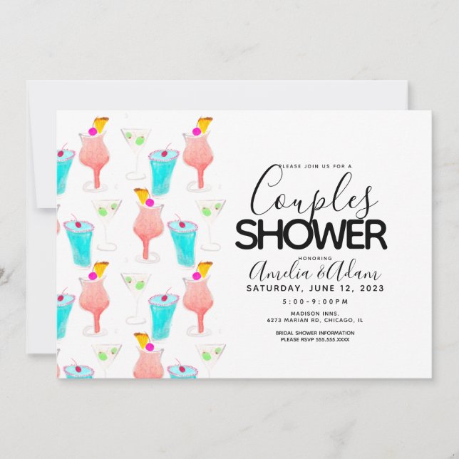 Invitation Fête de douche de couples peinte au cocktail d'aqu (Devant)