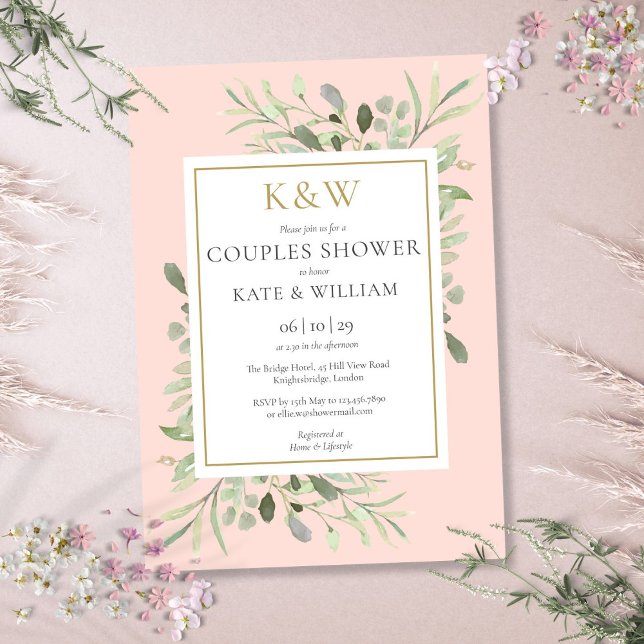 Invitation Fête de douche de couples Rose Pâle Monogramme Dor (Gold Monogram Greenery Blush Pink Couples Shower Invitation)