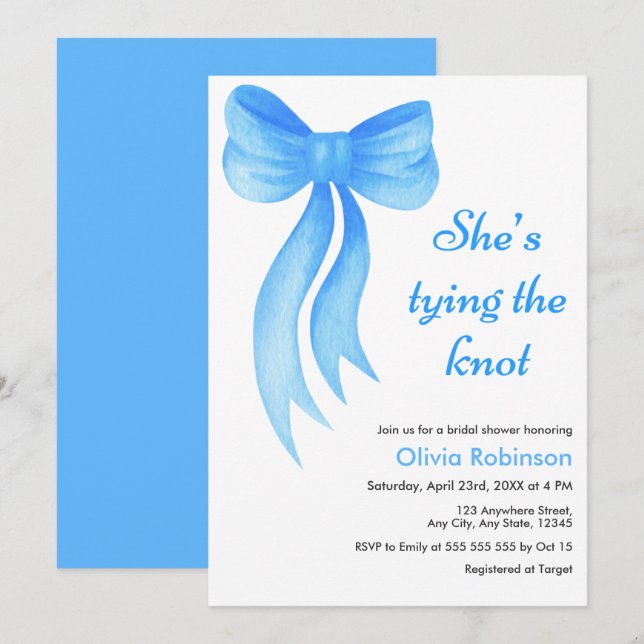 Invitation Fête de douche de mariage avec un nœud bleu  (Devant / Derrière)