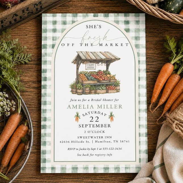 Invitation Fête de douche de mariage Gingham automnal Fraîche (Fall Gingham Fresh Off The Market Bridal Shower Invitation)