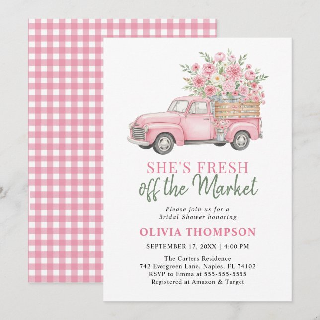 Invitation Fête de douche de mariage pour camion rose tout ju (Devant / Derrière)