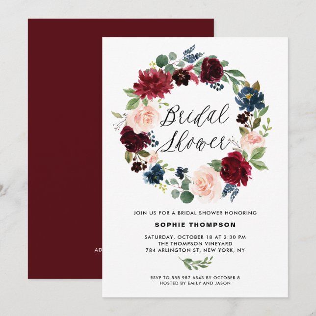 Invitation Fête de douche de mariée à couronne florale de Bou (Devant / Derrière)