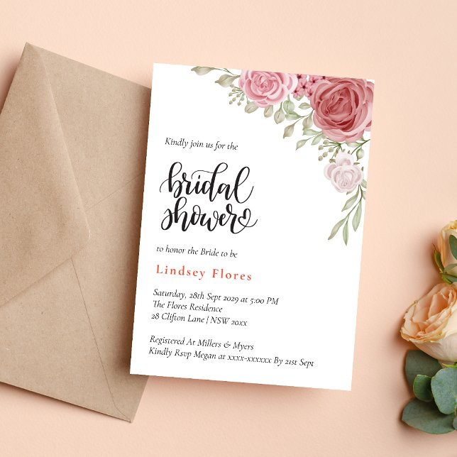 Invitation Fête de douche de mariée à l'aquarelle de verdure  (Floral rose greenery watercolor invitation creates a fresh, romantic bridal shower tone)