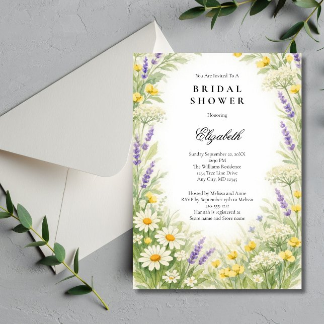 Invitation Fête de douche de mariée aux fleurs sauvages de la (Wildflowers ( Lavender, Daises ) Watercolor Greenery botanical Bridal Shower invitation. )