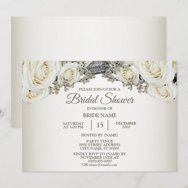 Invitation Fête de douche de mariée Blanc Floral Vert Beige (Devant / Derrière)