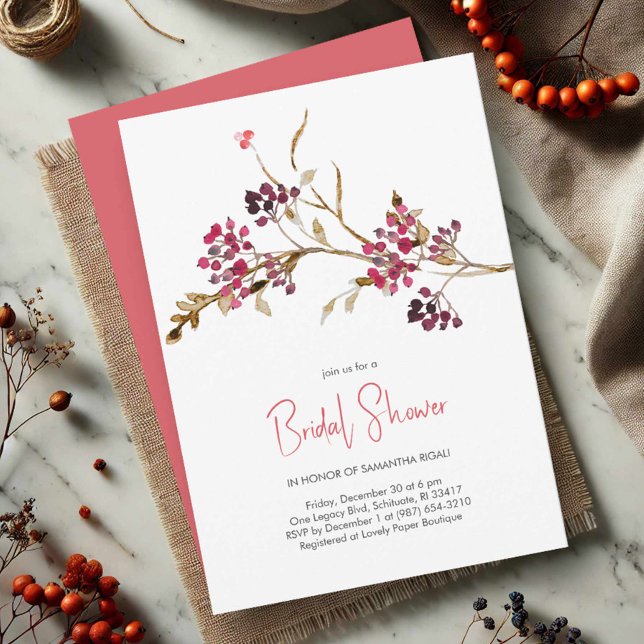 Invitation Fête de douche de mariée élégante de Noël  (Rustic bridal shower invitations watercolor red berries and botanicals)