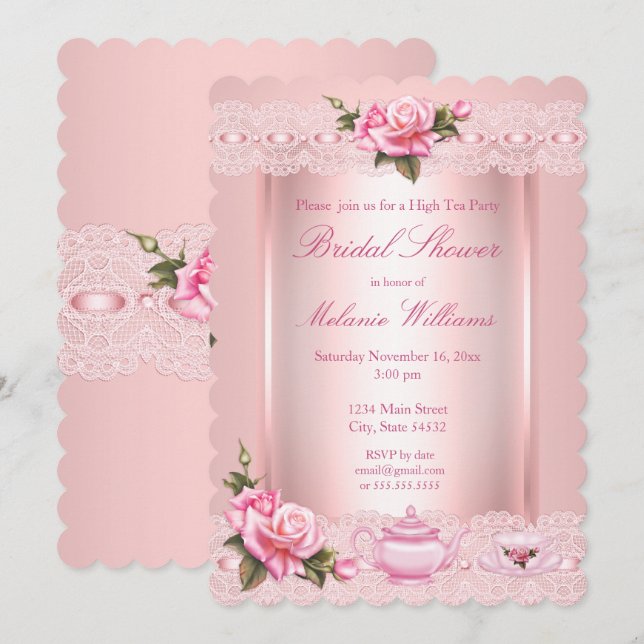 Invitation Fête de douche de mariée Fleurs roses Tea Party él (Devant / Derrière)