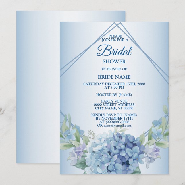 Invitation Fête de douche de mariée florale bleue poussiéreus (Devant / Derrière)