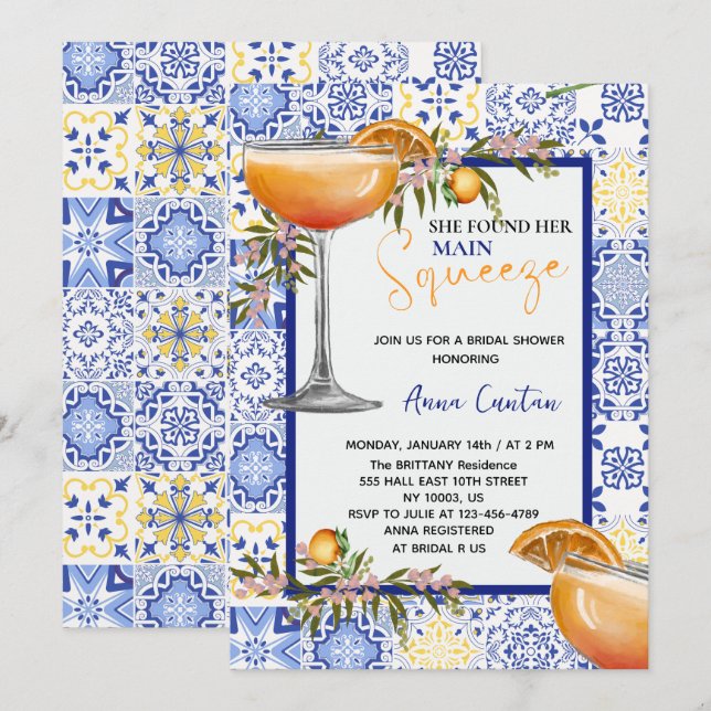 Invitation Fête de douche de mariée Main Squeeze Carreau Bleu (Devant / Derrière)
