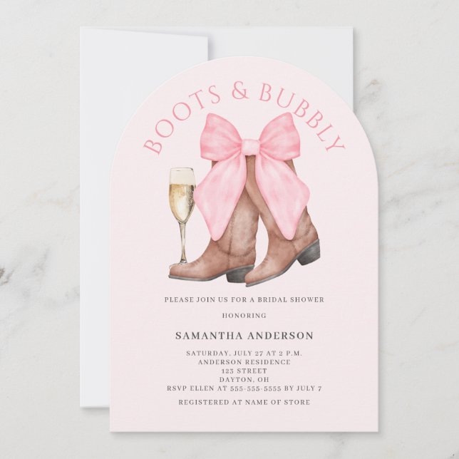 Invitation Fête de douche de mariée western Pink Boots Bubbly (Devant)