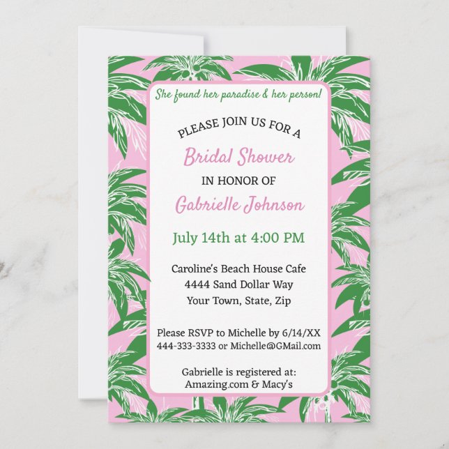 Invitation Fête de douche estivale préppy avec palmier rose v (Devant)