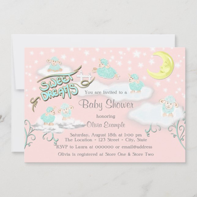 Invitation Fête de douche pour bébé fille doux rêves (Devant)