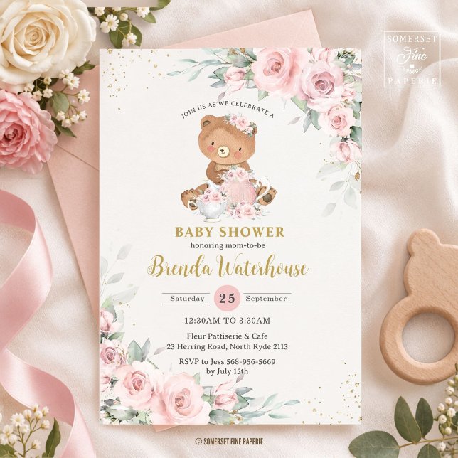 Invitation Fête de douche pour bébé ourson floral rose carmin (Créateur téléchargé)