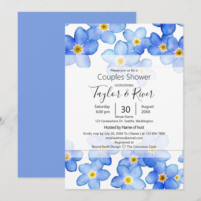 Invitation Fête de douche pour couples Country Blue Forget-Me (Devant / Derrière)