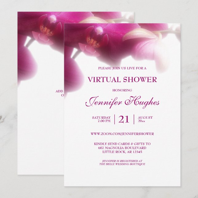 Invitation Fête de douche virtuelle à l'orchidée rose florale (Devant / Derrière)