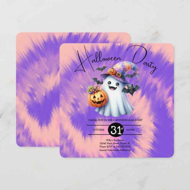 Invitation Fête de fantômes d'Halloween Tie-Dye Dessin à la m (Devant / Derrière)